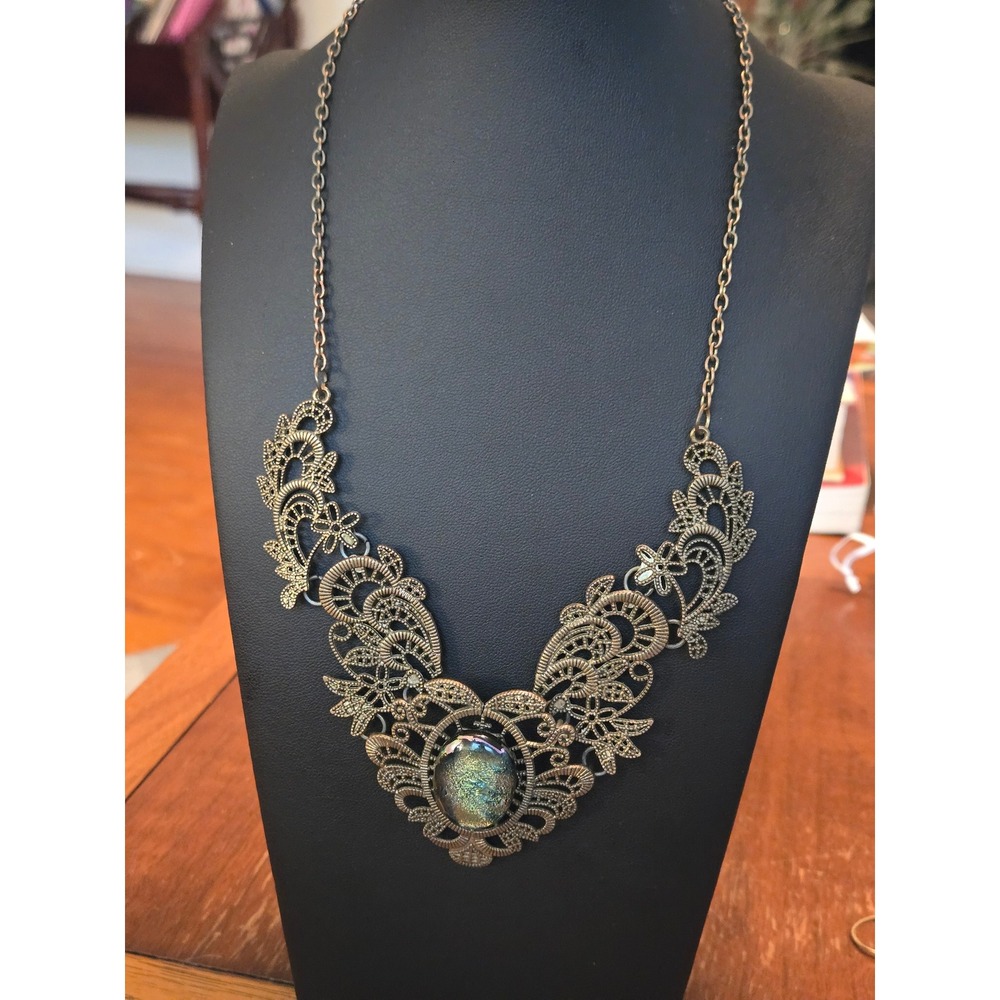 Art Nouveau Lacy Filagree BibNecklace Diochroic Glass Cabachon Vintage Stunning!